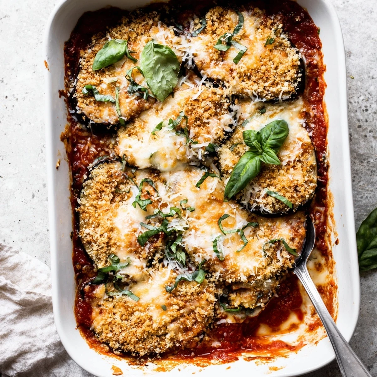 Crispy breaded eggplant parmesan layers topped with golden brown cheese and fresh basil garnish