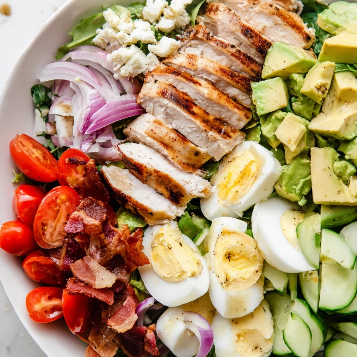 Colorful bowl of Paleo Grilled Chicken Cobb Salad topped with sliced chicken and crisp mixed greens