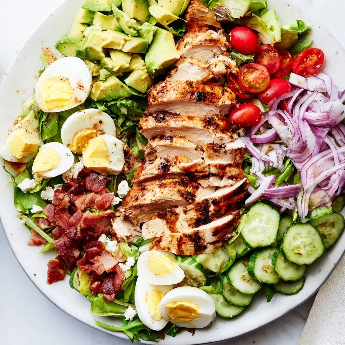 Fresh Paleo Grilled Chicken Cobb Salad featuring grilled chicken breast, cherry tomatoes, and creamy avocado quarters