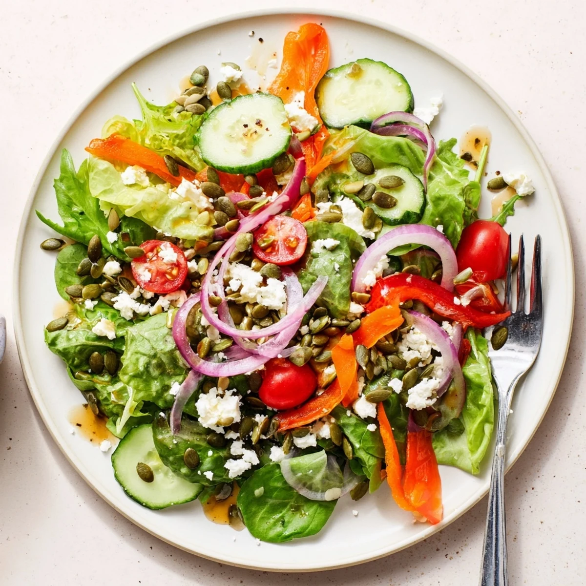 Fresh garden salad featuring mixed greens cherry tomatoes cucumber and red bell pepper
