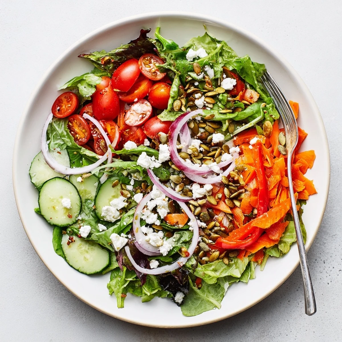 Colorful garden salad bowl with fresh crisp vegetables drizzled in light vinaigrette dressing