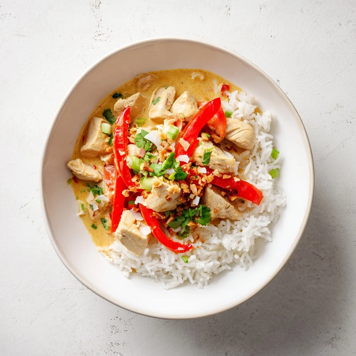 Creamy coconut chicken rice bowl featuring tender pieces in rich sauce over fluffy white jasmine rice
