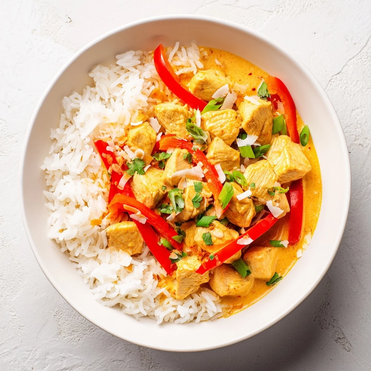 Steaming bowl of coconut chicken with colorful bell peppers and snap peas garnished with fresh cilantro