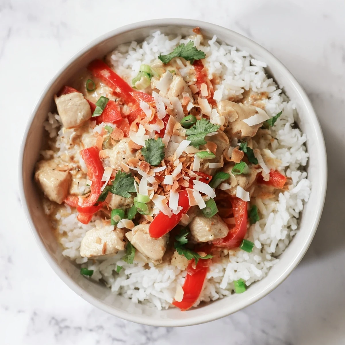 Asian-inspired coconut chicken rice bowl with aromatic curry sauce served in a white ceramic dish