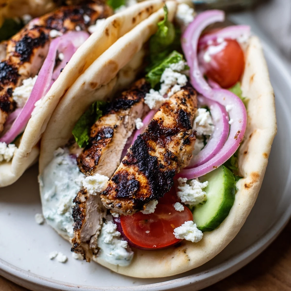 Golden Greek grilled chicken pita sliced and stuffed inside warm pita bread with fresh crisp vegetables and a drizzle of cool creamy tzatziki sauce