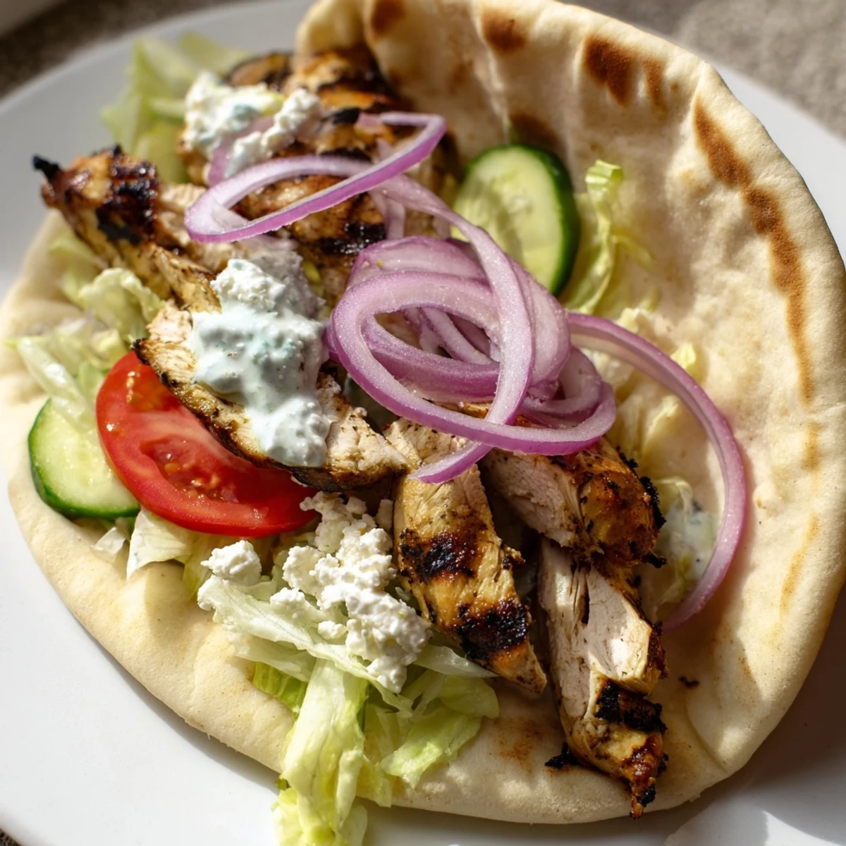 Juicy marinated Greek grilled chicken pita wraps topped with vibrant red onion tomato slices and refreshing cucumber for a satisfying Mediterranean meal