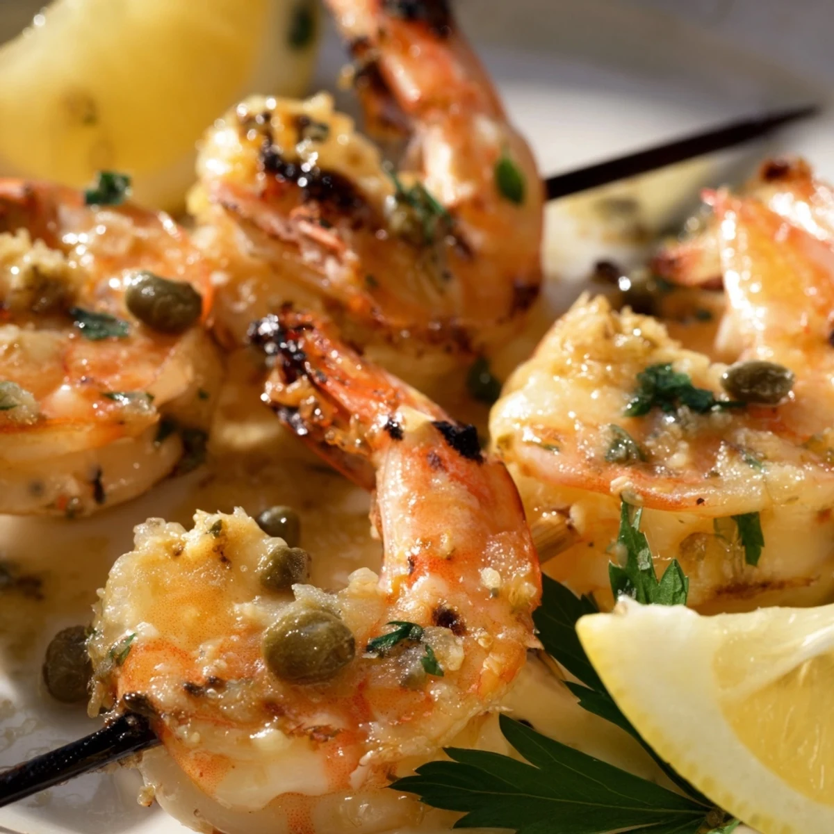 Golden grilled shrimp piccata skewers brushed with zesty butter sauce and fresh parsley