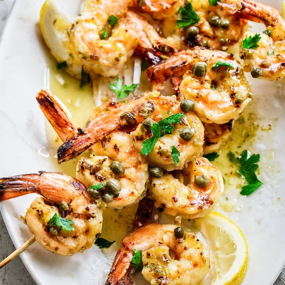 Platter of grilled shrimp piccata skewers drizzled with buttery caper sauce and lemon wedges