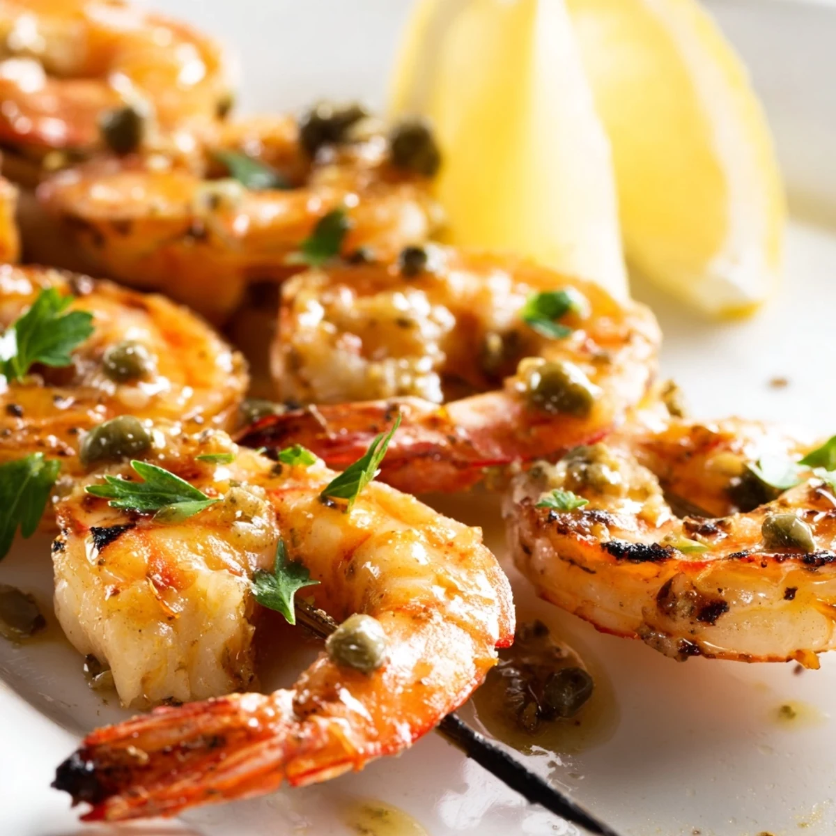 Juicy shrimp threaded on skewers grilled to perfection with tangy lemon piccata glaze
