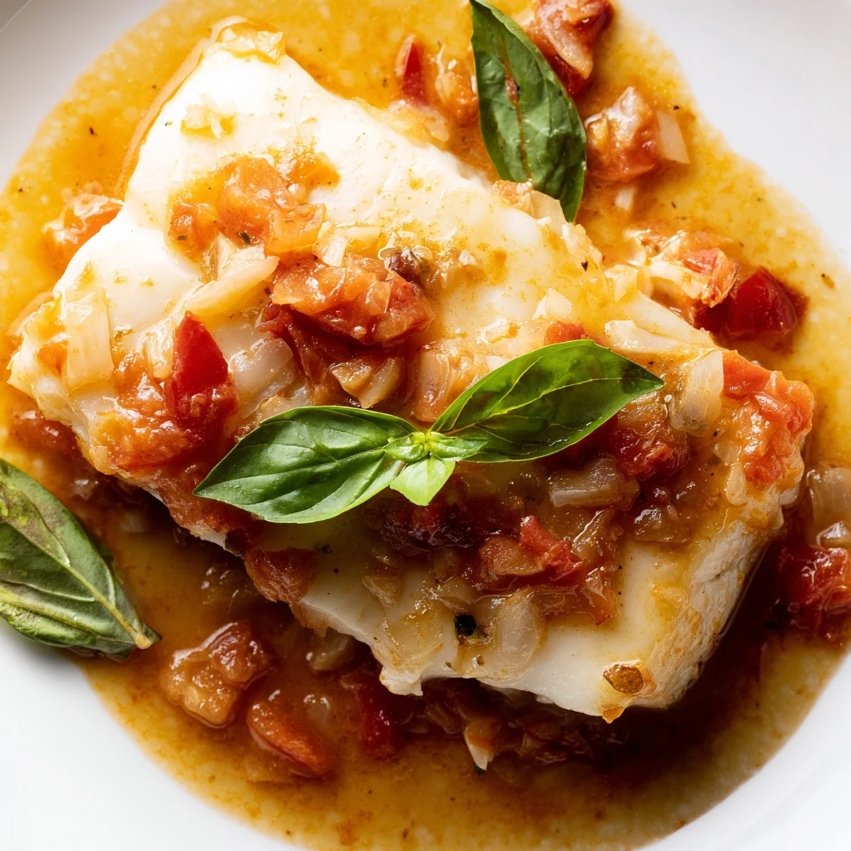Golden halibut fillets poached in vibrant tomato-butter sauce with fresh basil garnish