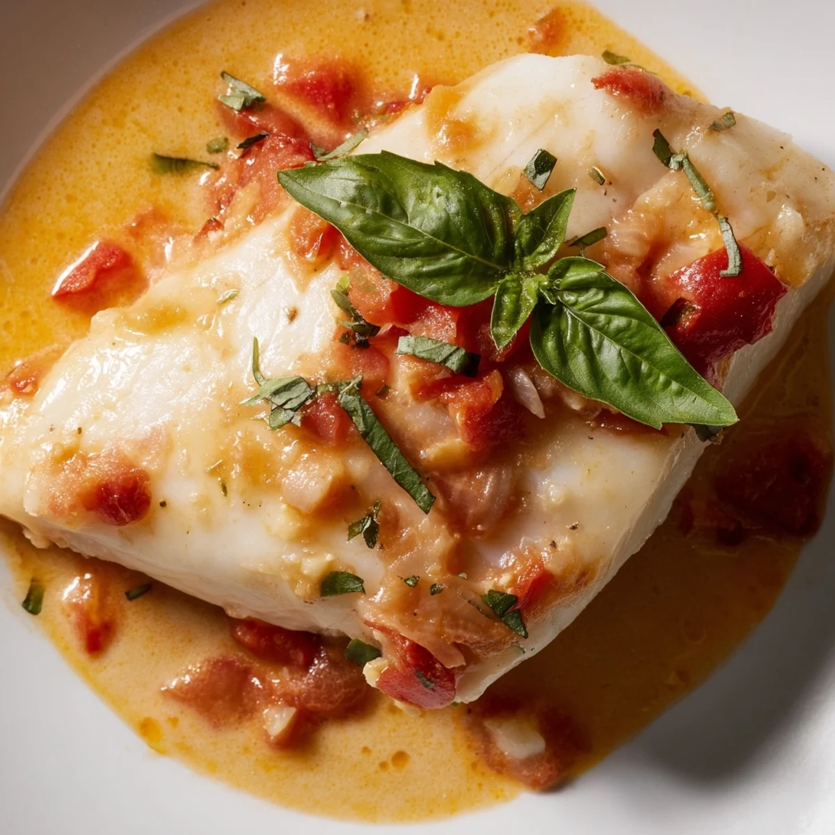 Succulent grilled halibut swimming in silky tomato-butter sauce topped with lemon wedges
