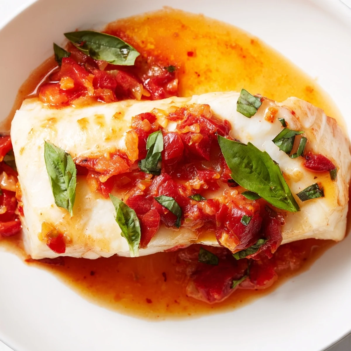 Flaky white halibut simmered in rich tomato butter sauce finished on the grill