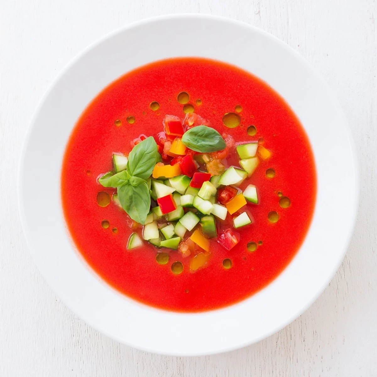 Chilled gazpacho recipe served in white bowls with colorful diced vegetable garnish
