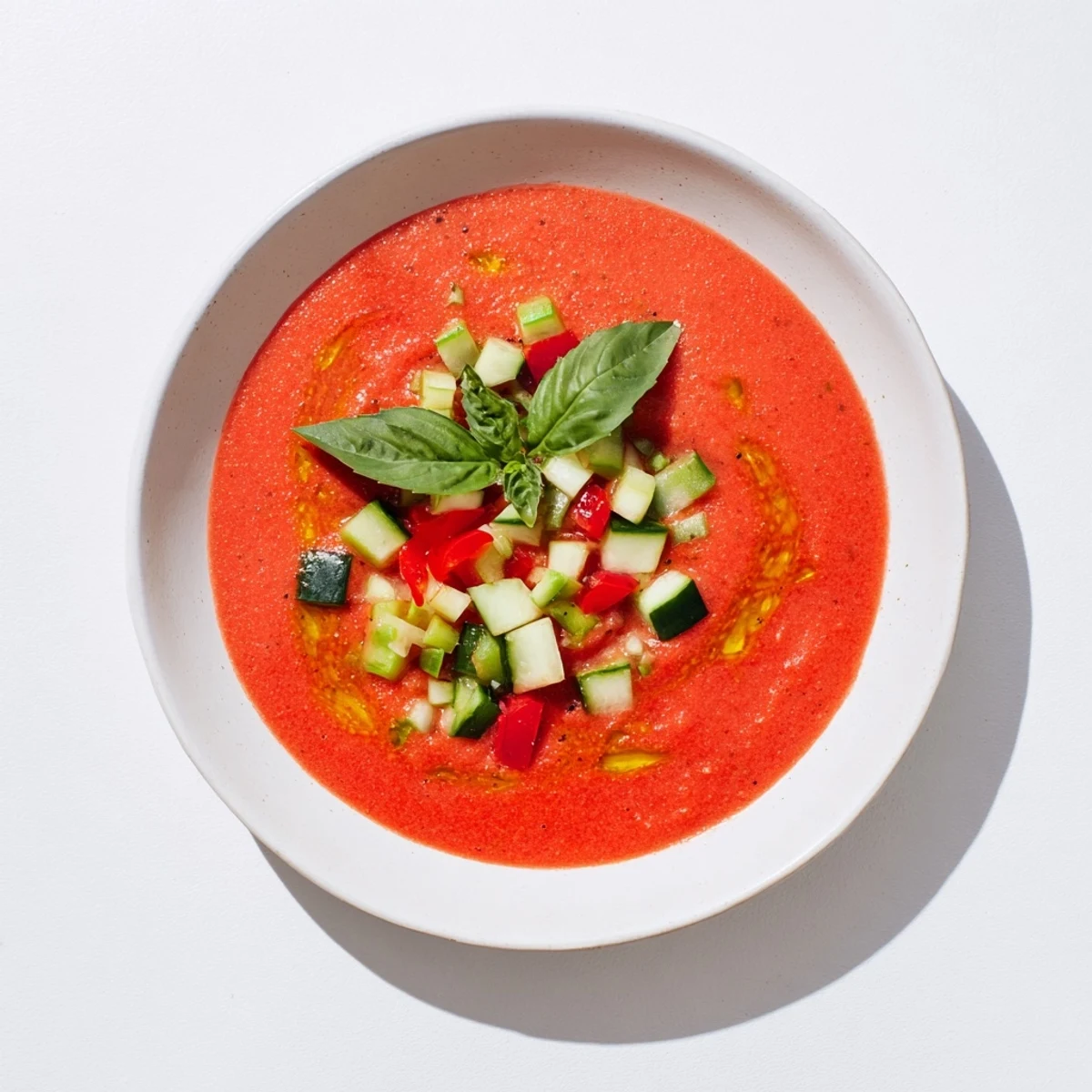 Refreshing Spanish gazpacho recipe featuring smooth blended tomatoes and crisp cucumber topping