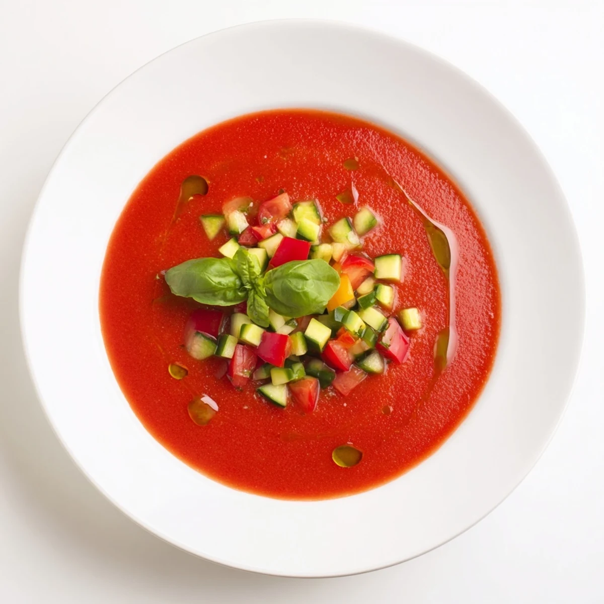 Vibrant red gazpacho recipe drizzled with olive oil and fresh herbs on rustic wooden table