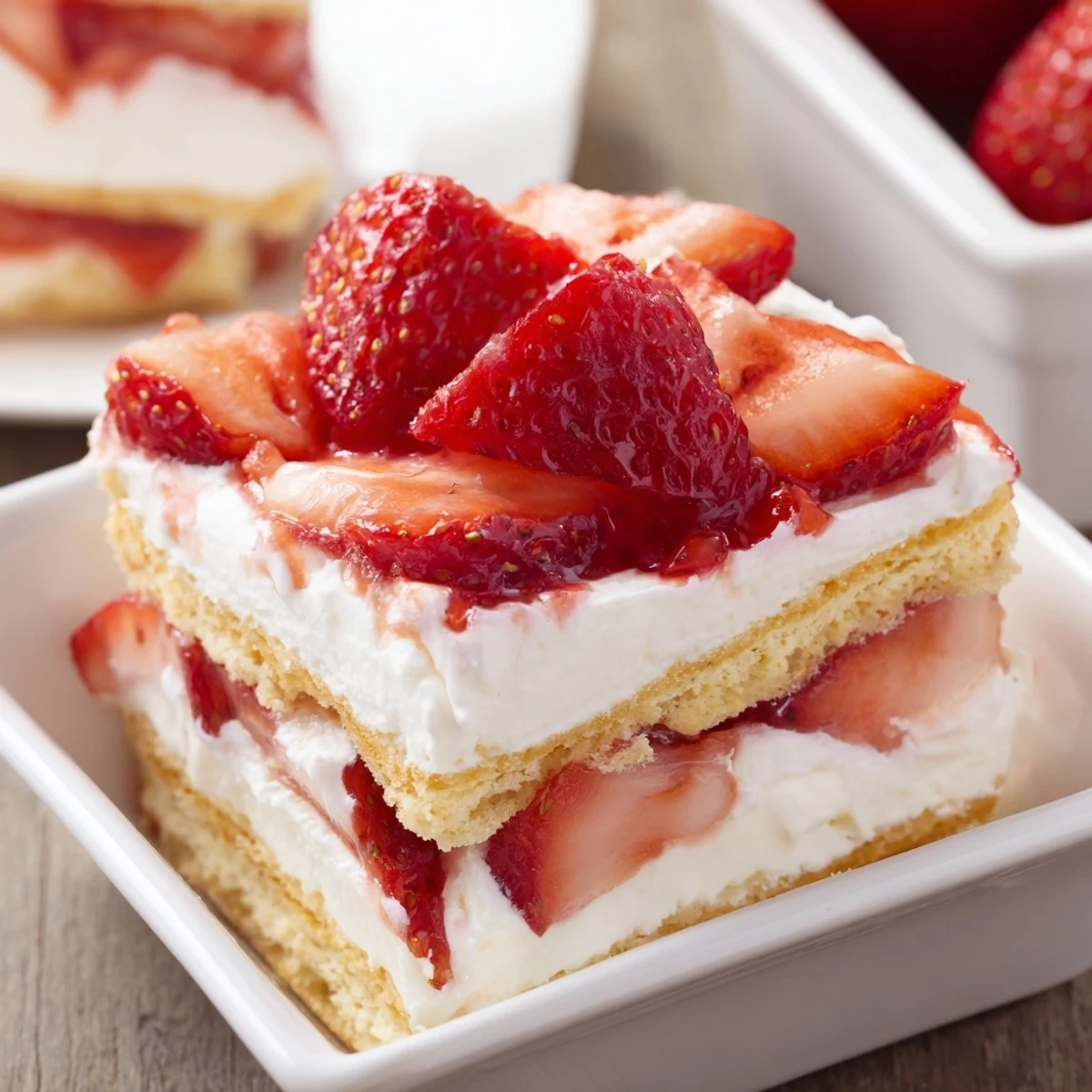 No bake strawberry shortcake dessert with layers of fluffy cream cheese filling and juicy red strawberries