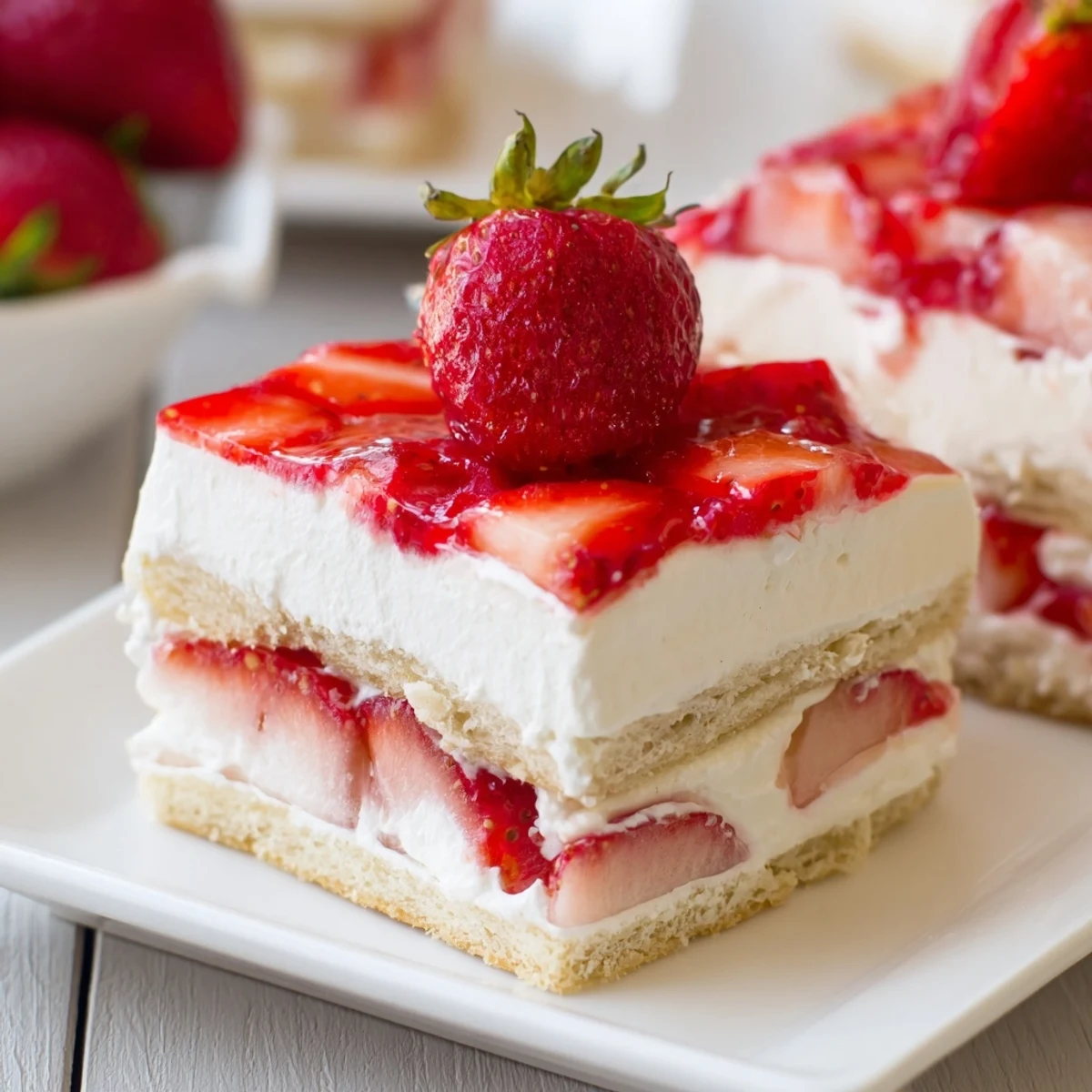 Stacked no bake strawberry shortcake dessert featuring whipped cream, sweet berries, and tender shortbread cookies