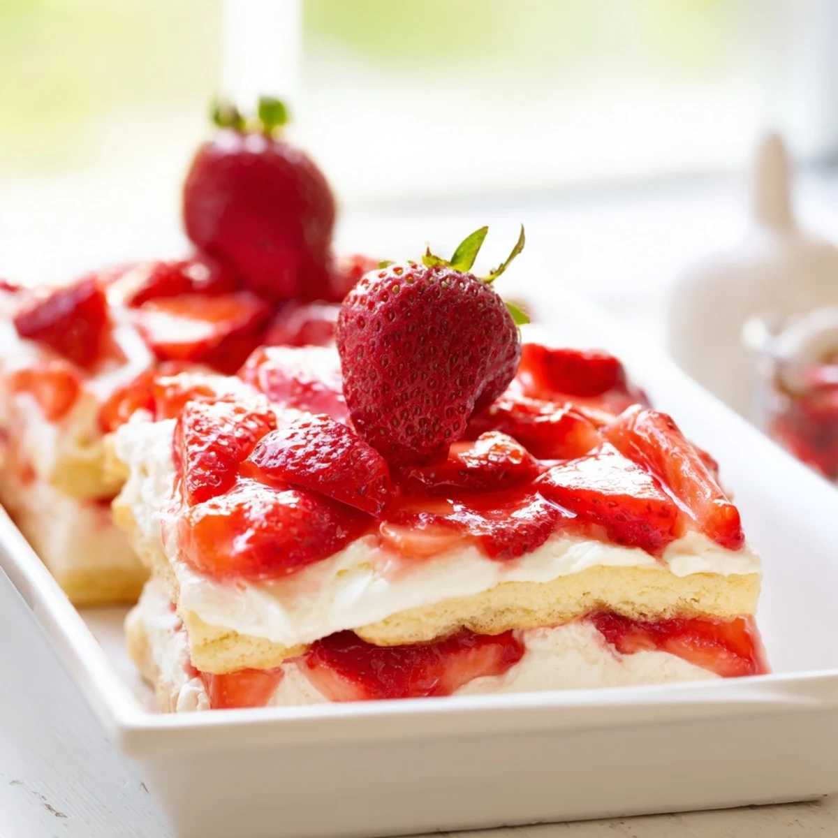 Square dish of chilled no bake strawberry shortcake dessert topped with fresh strawberry slices and cream