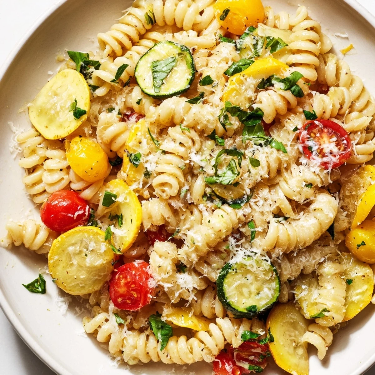 Golden summer squash pasta skillet with cherry tomatoes and fresh basil in a light olive oil sauce