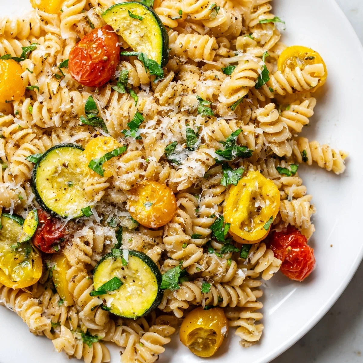 One-pan summer squash pasta featuring tender zucchini, ripe tomatoes, and grated Parmesan over al dente noodles