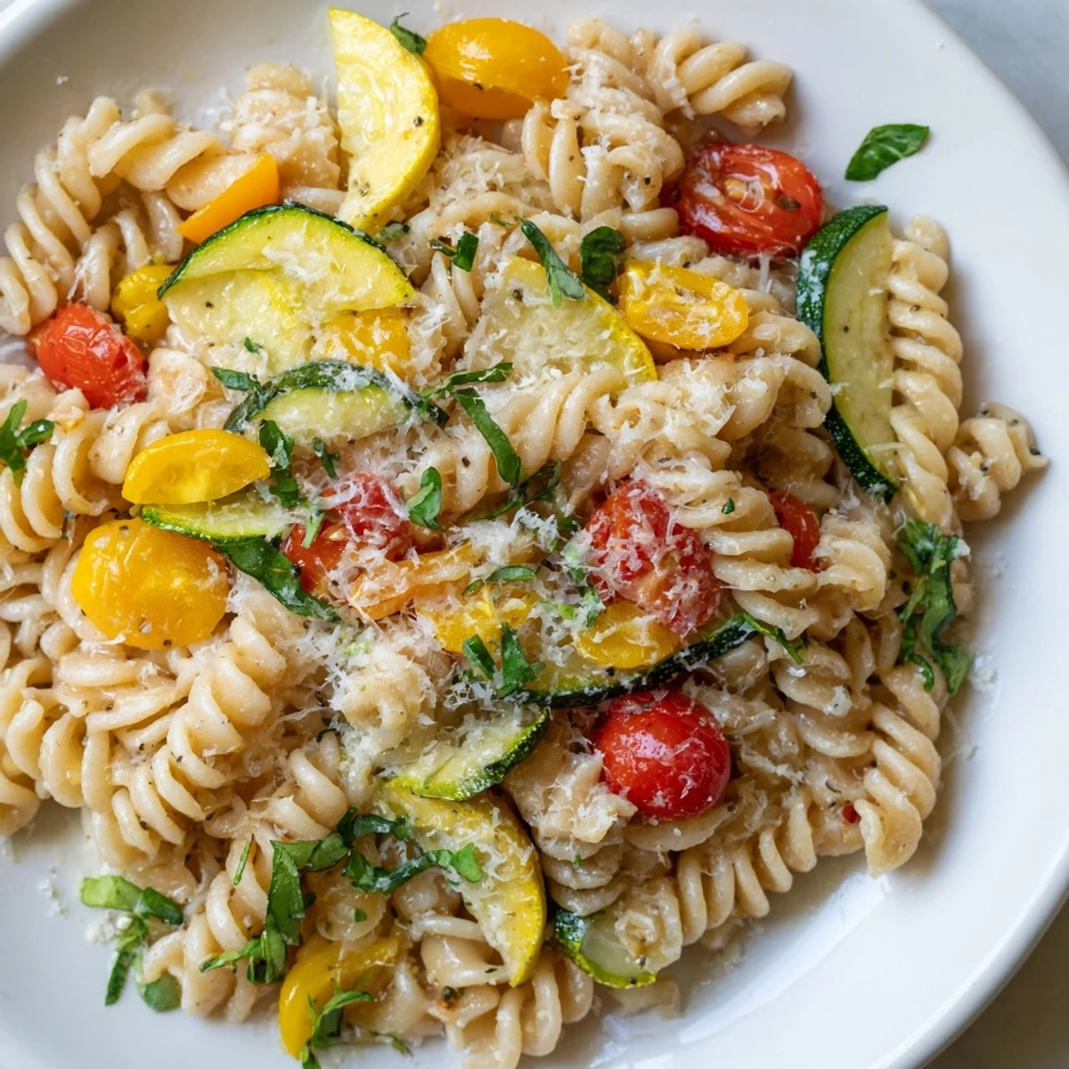 Vibrant skillet of summer squash pasta with colorful vegetables, garlic herbs, and pasta water sauce