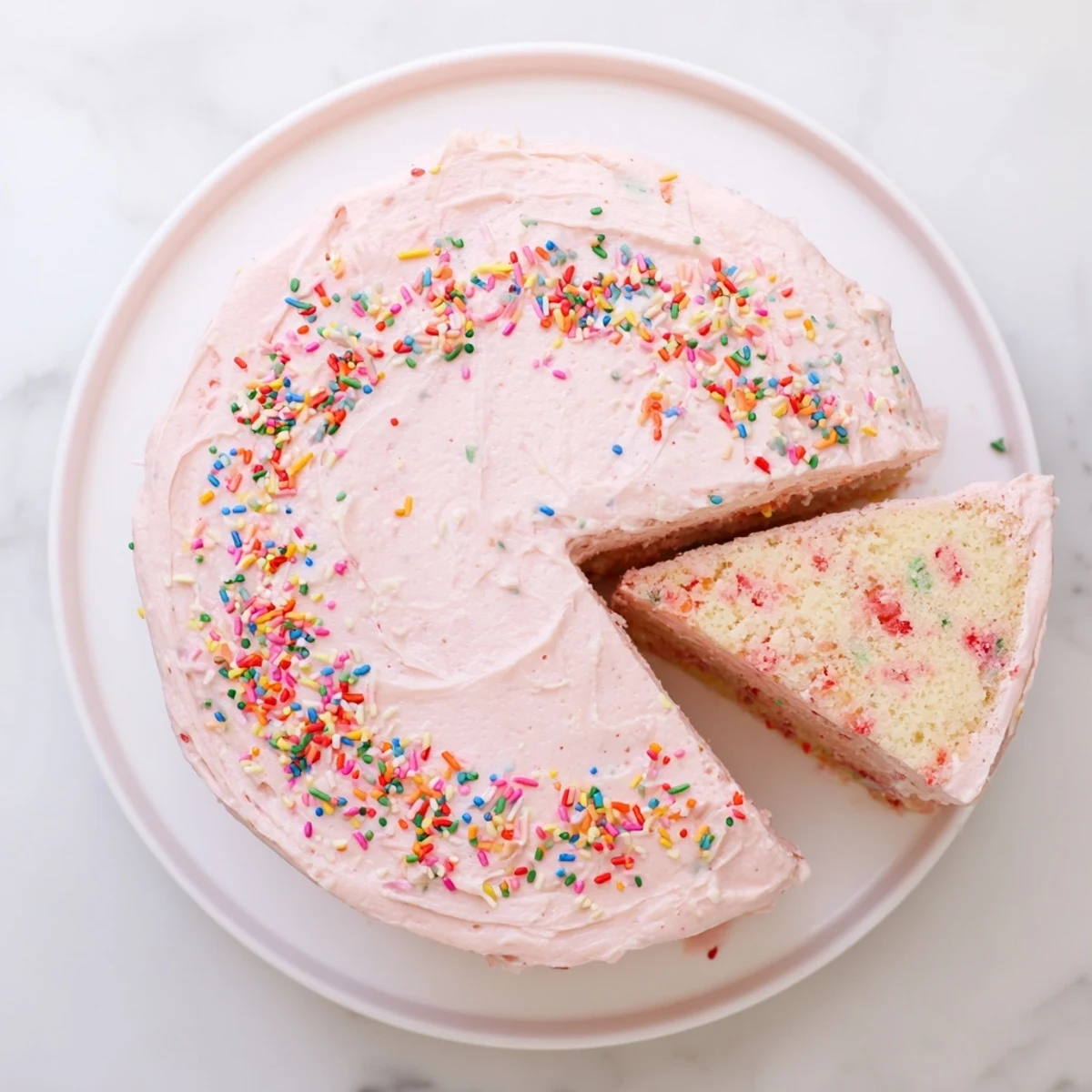 Pink frosted strawberry Funfetti cake studded with bright rainbow sprinkles for celebrations