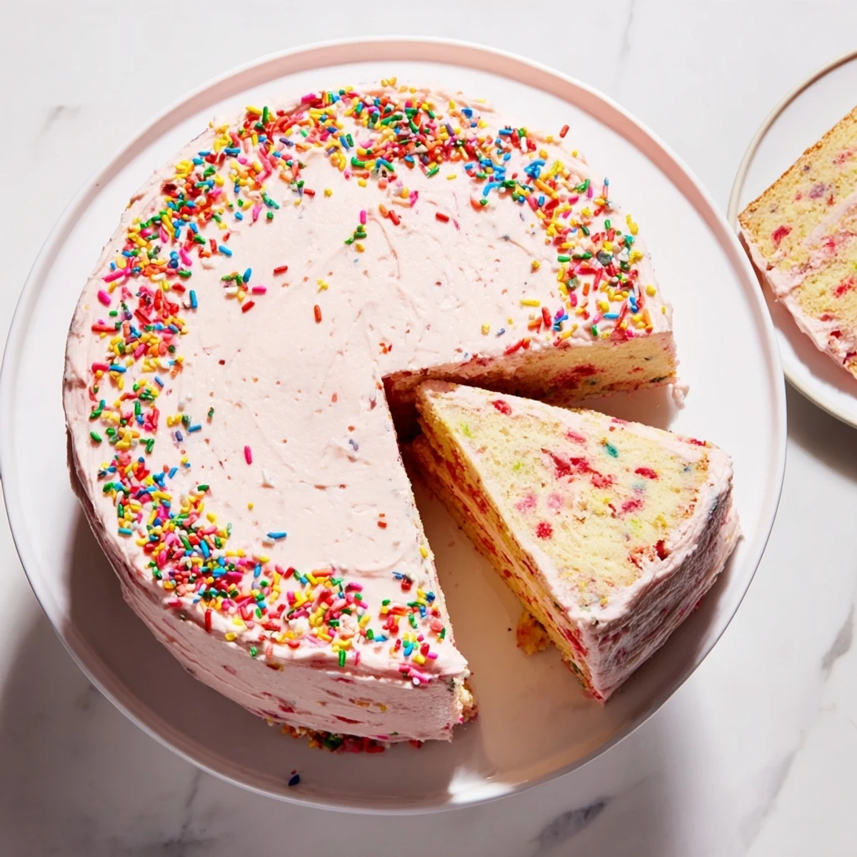Slice of strawberry Funfetti cake showcasing layers and fluffy strawberry buttercream frosting