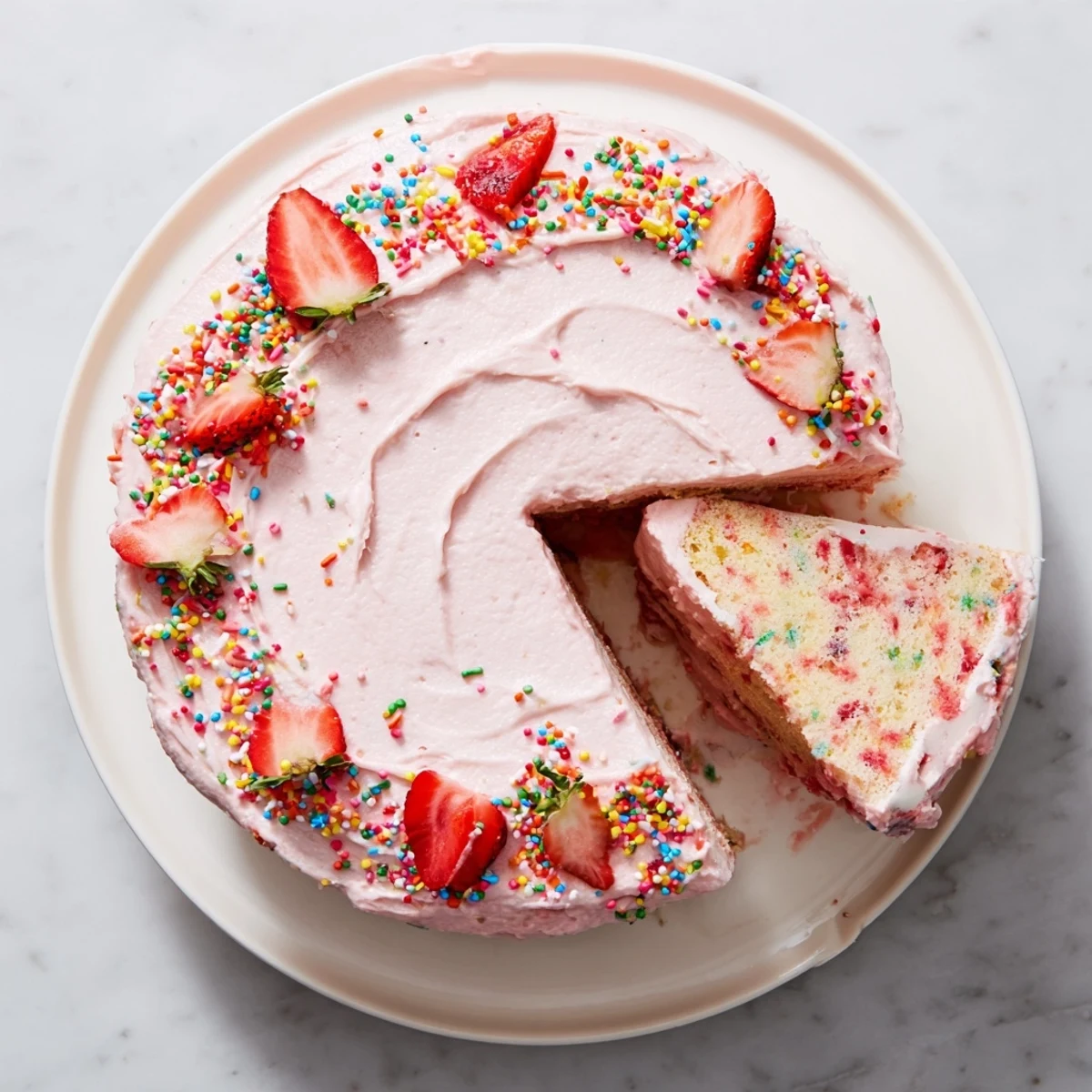 Strawberry Funfetti cake with pink strawberry buttercream and colorful rainbow sprinkles