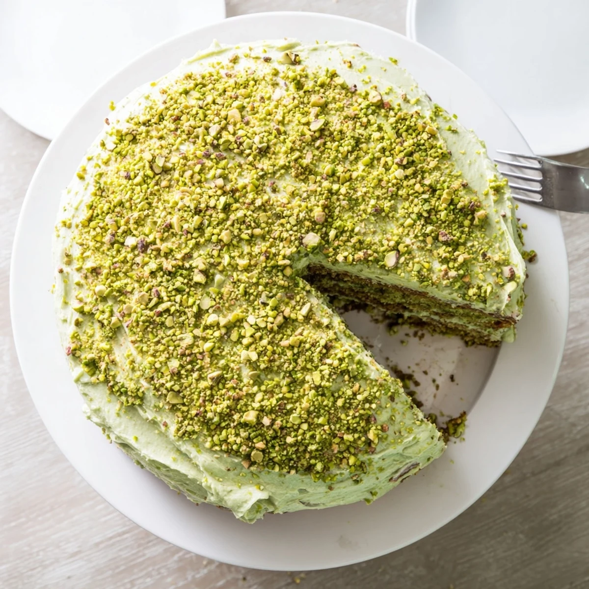 Two-tier pistachio cake with smooth buttercream and sprinkled crushed pistachios on a serving plate