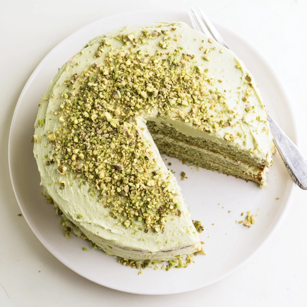 Sliced pistachio cake layered with creamy green buttercream frosting and topped with chopped nuts
