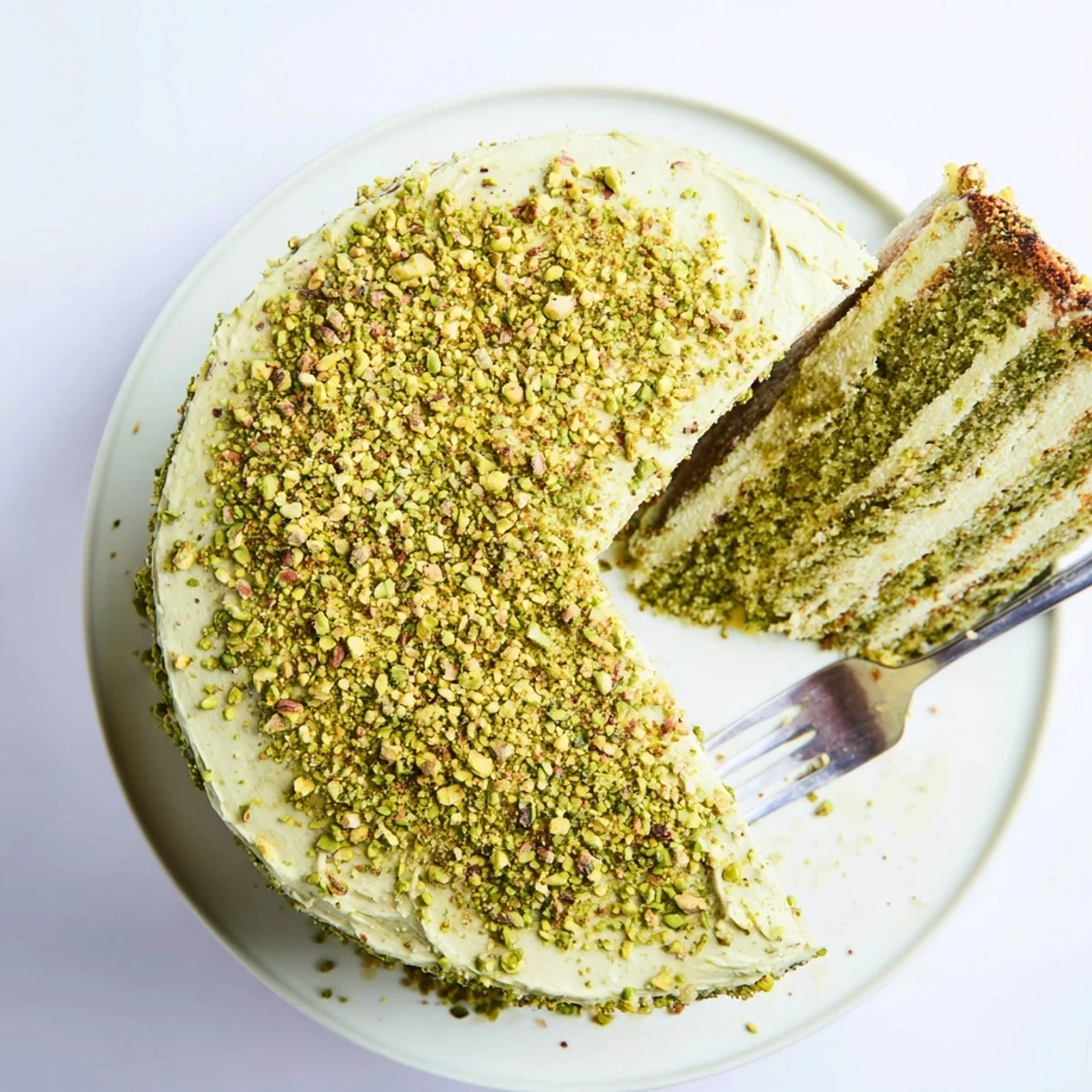 Moist pistachio buttercream cake showing green frosting swirls and nutty texture on white stand