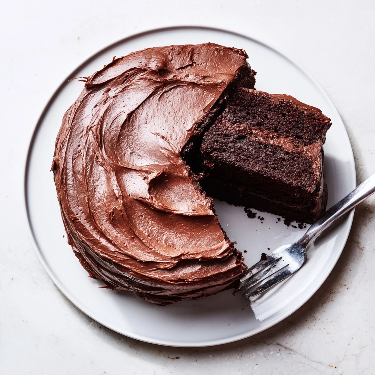 Two-layer Matildas Chocolate Cake with velvety dark frosting and a clean slice revealing the tender moist crumbs inside