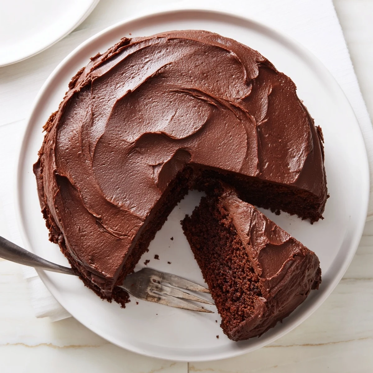 A generous slice of Matildas Chocolate Cake showcasing the soft fudgy texture beneath smooth whipped chocolate frosting