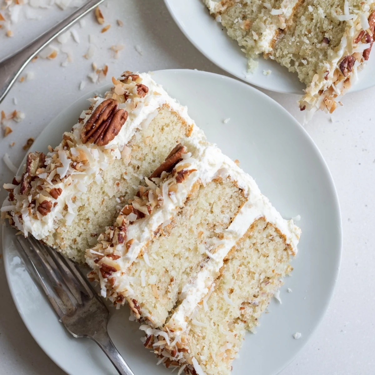 Classic Italian cream cake layered with shredded coconut and velvety cream cheese frosting