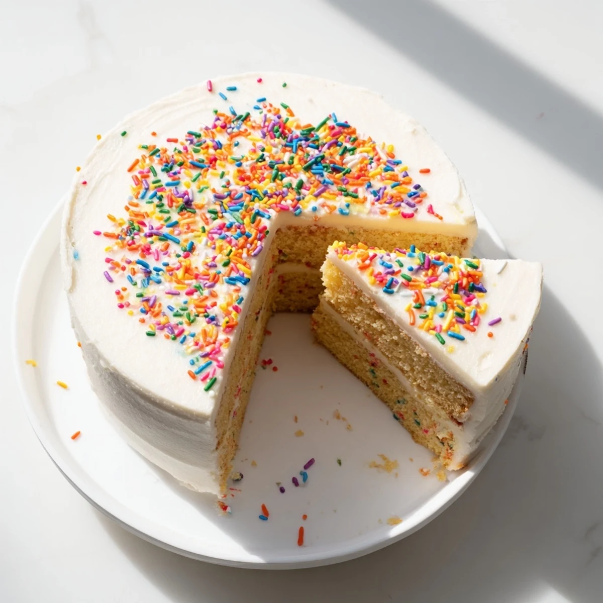Festive Funfetti Cake with rainbow sprinkles baked into fluffy vanilla layers topped with creamy white buttercream frosting