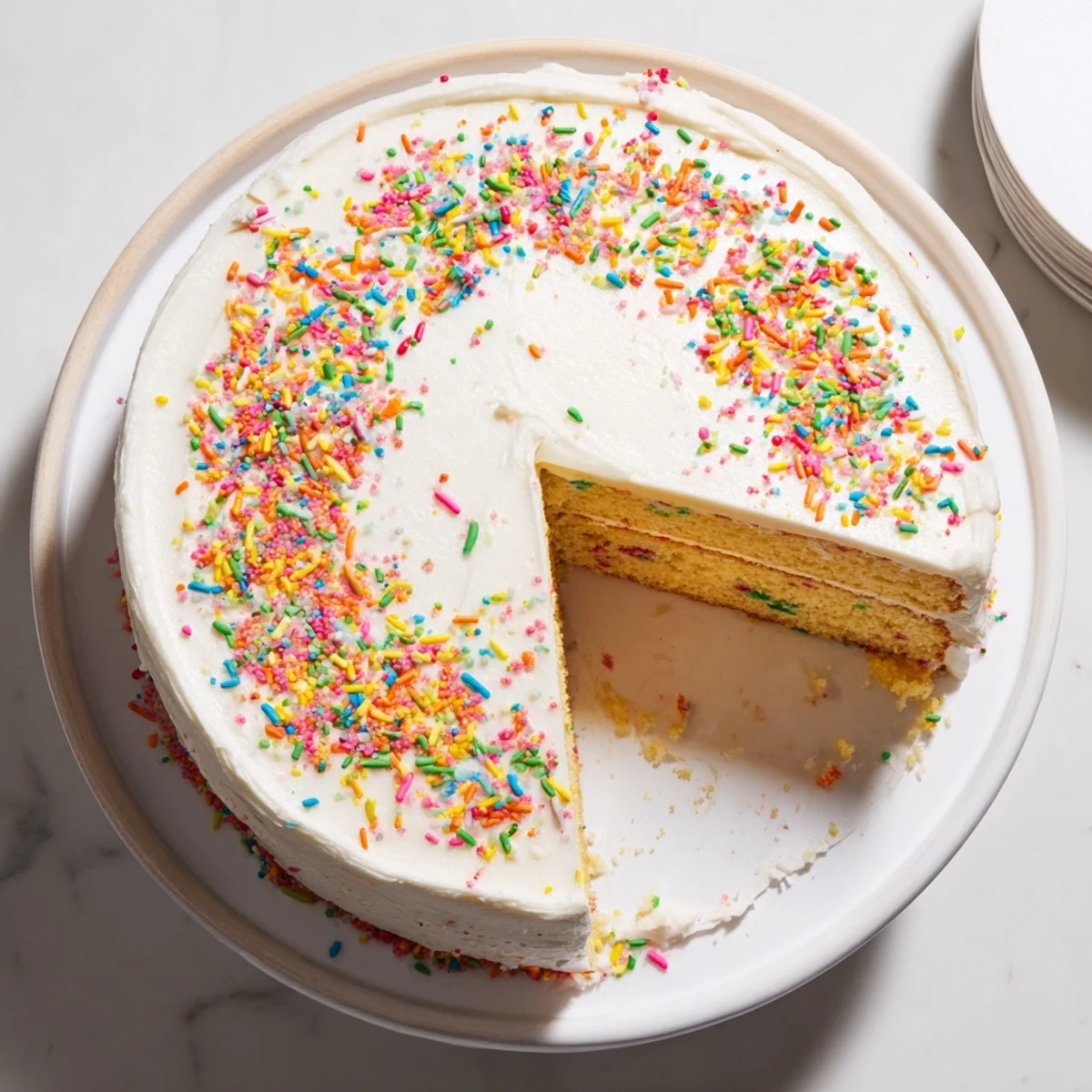 Slice of colorful Funfetti Cake revealing scattered rainbow jimmies throughout the tender vanilla crumb under smooth buttercream