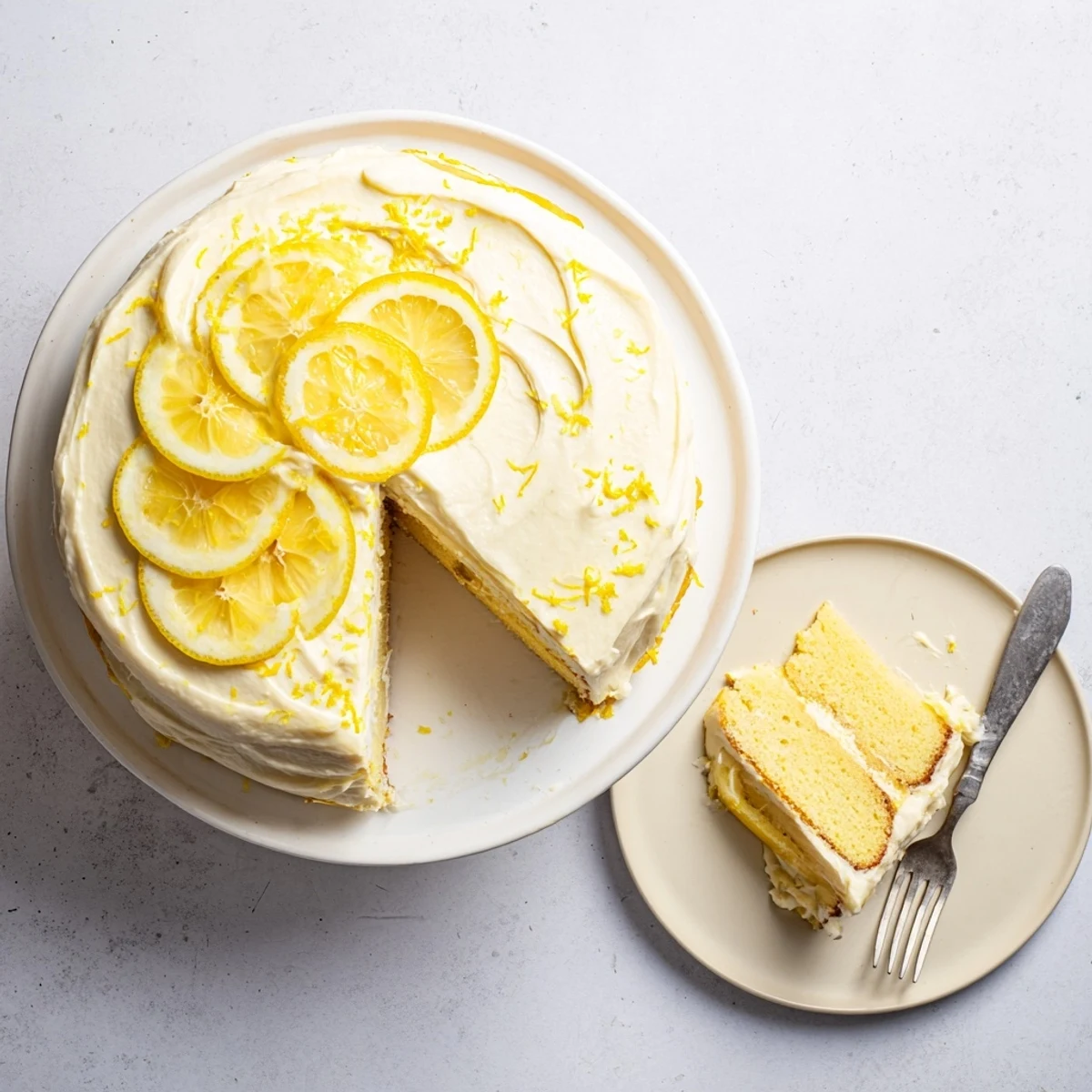 Lemon birthday cake with fluffy white frosting and bright citrus zest garnish on top