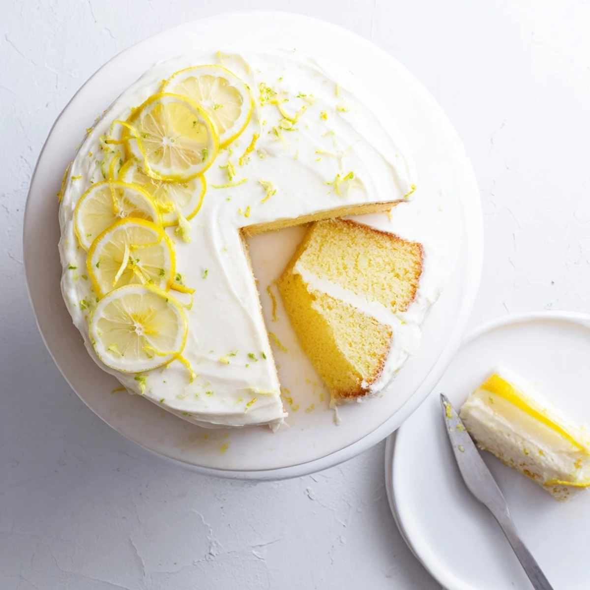 Golden lemon birthday cake slice revealing moist tender layers with tangy cream cheese frosting