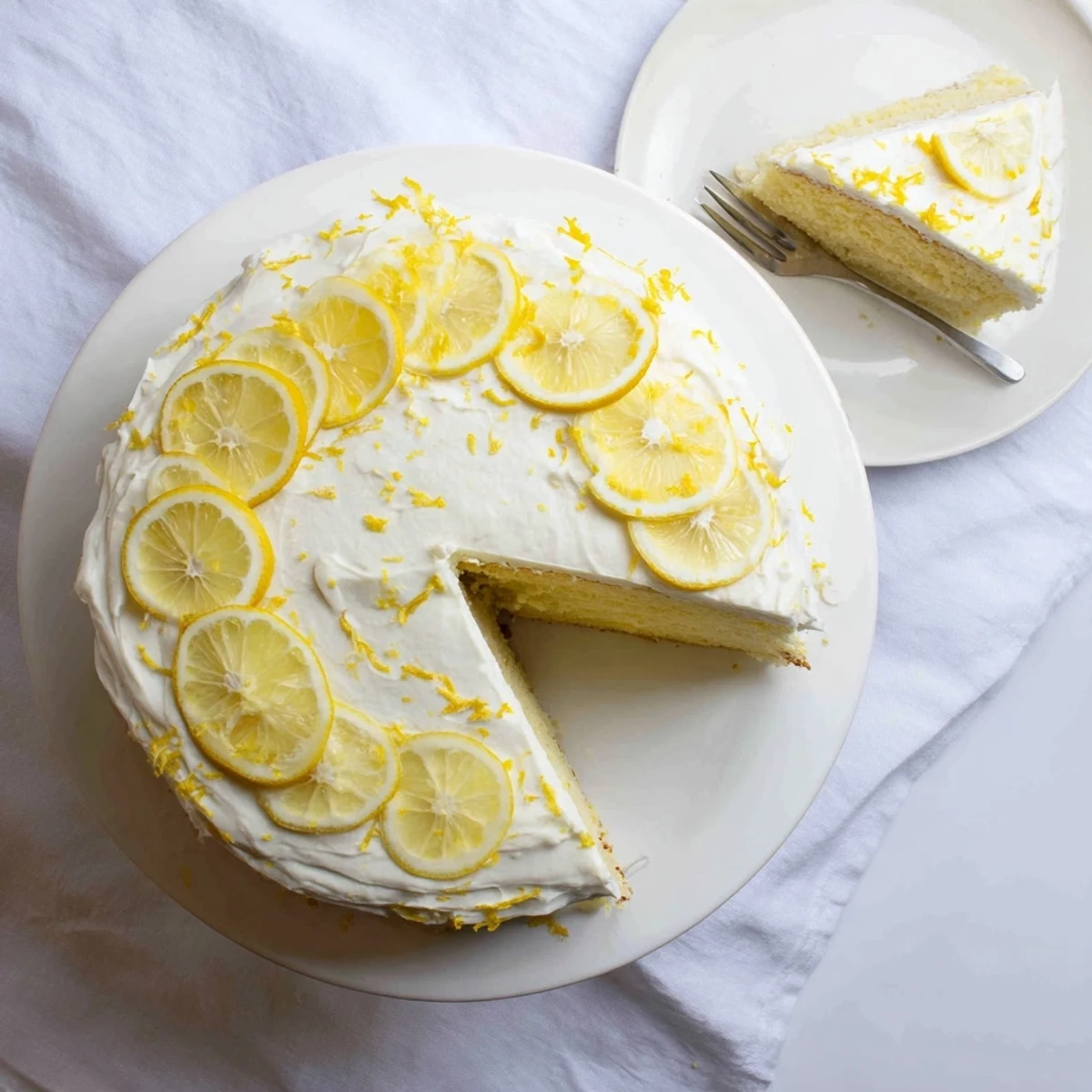 Festive lemon birthday cake decorated with fresh lemon slices and creamy frosting swirls