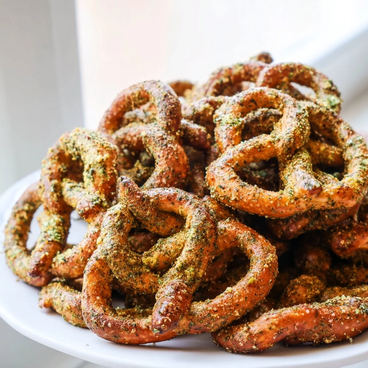 Golden brown pretzels tossed in tangy dill pickle ranch seasoning baked to crispy perfection