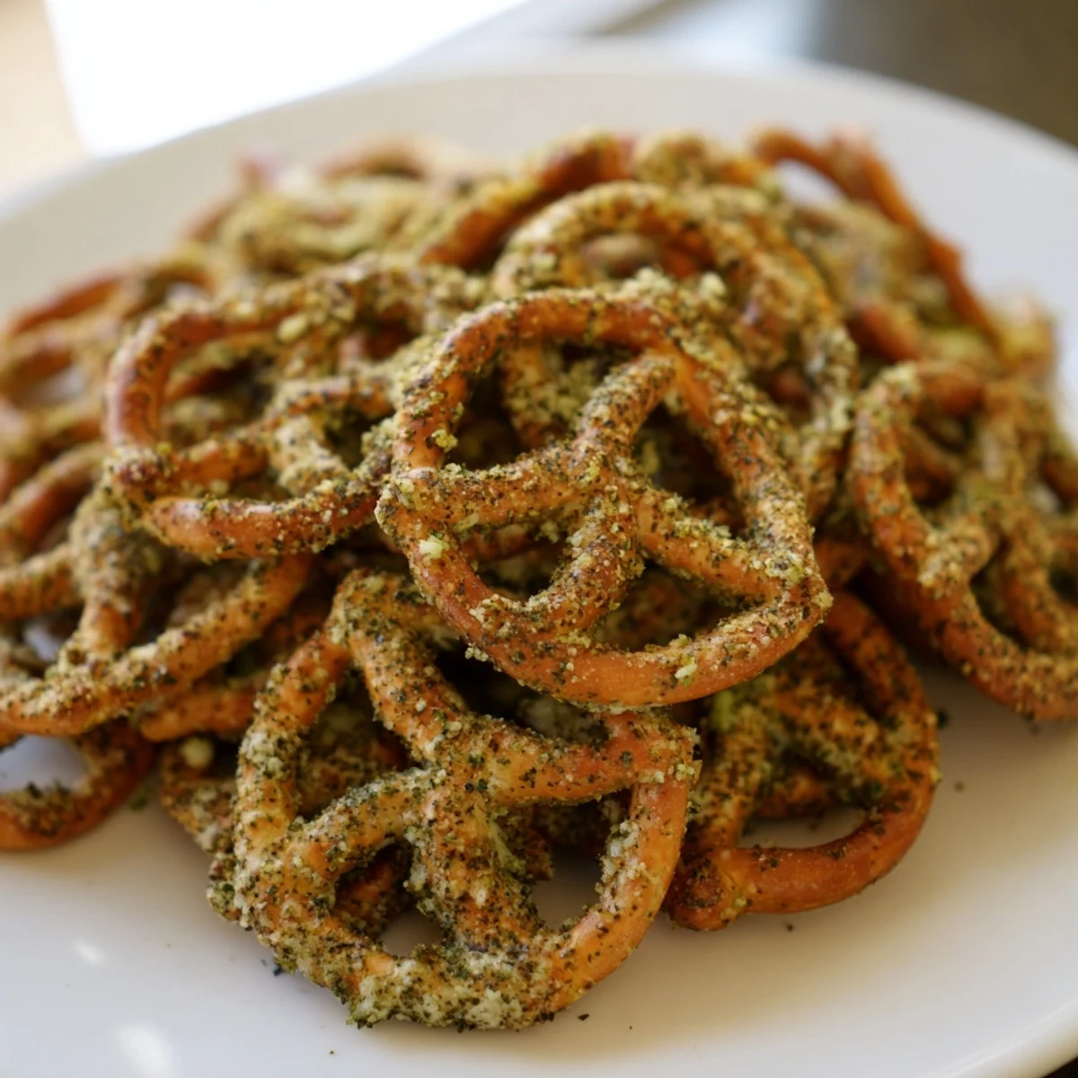 Pretzel twists evenly covered in green speckled dill pickle and ranch seasoning ready for snacking