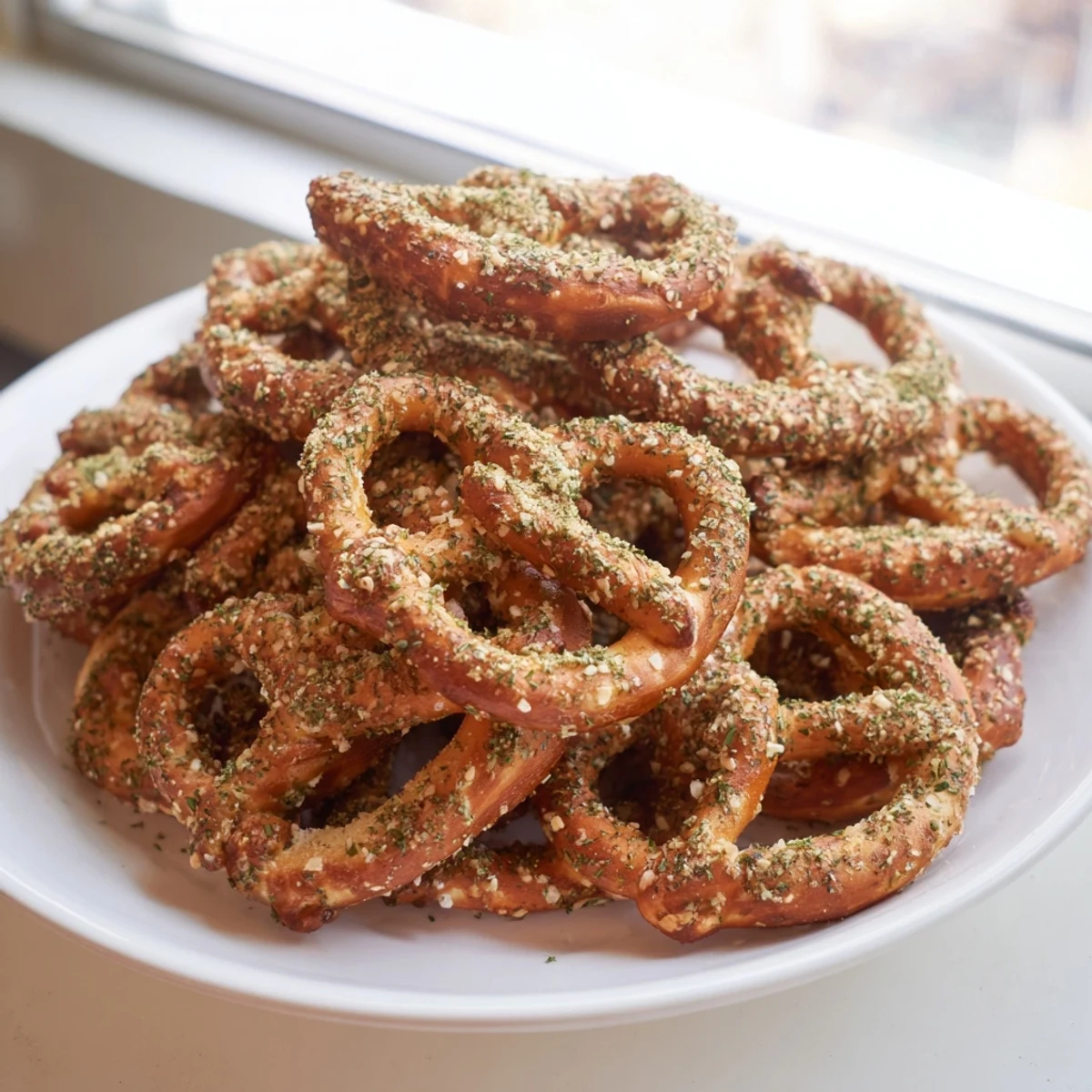 A bowl of crunchy seasoned pretzels coated with homemade dill pickle ranch spice mixture