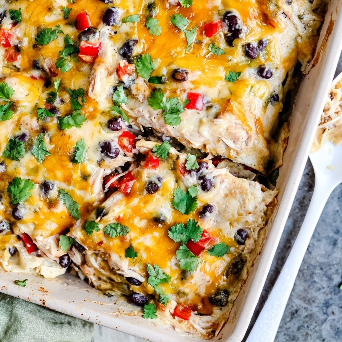 Layered casserole dish showcasing tender chicken taco lasagna with tortillas and rich cheese sauce