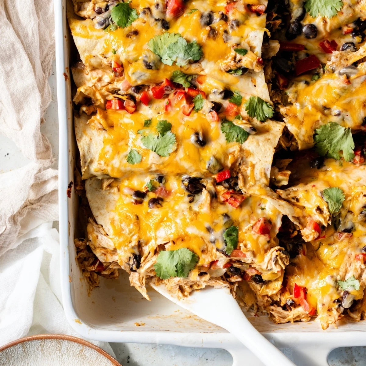 Golden bubbly creamy chicken taco lasagna with melted cheese and fresh cilantro garnish