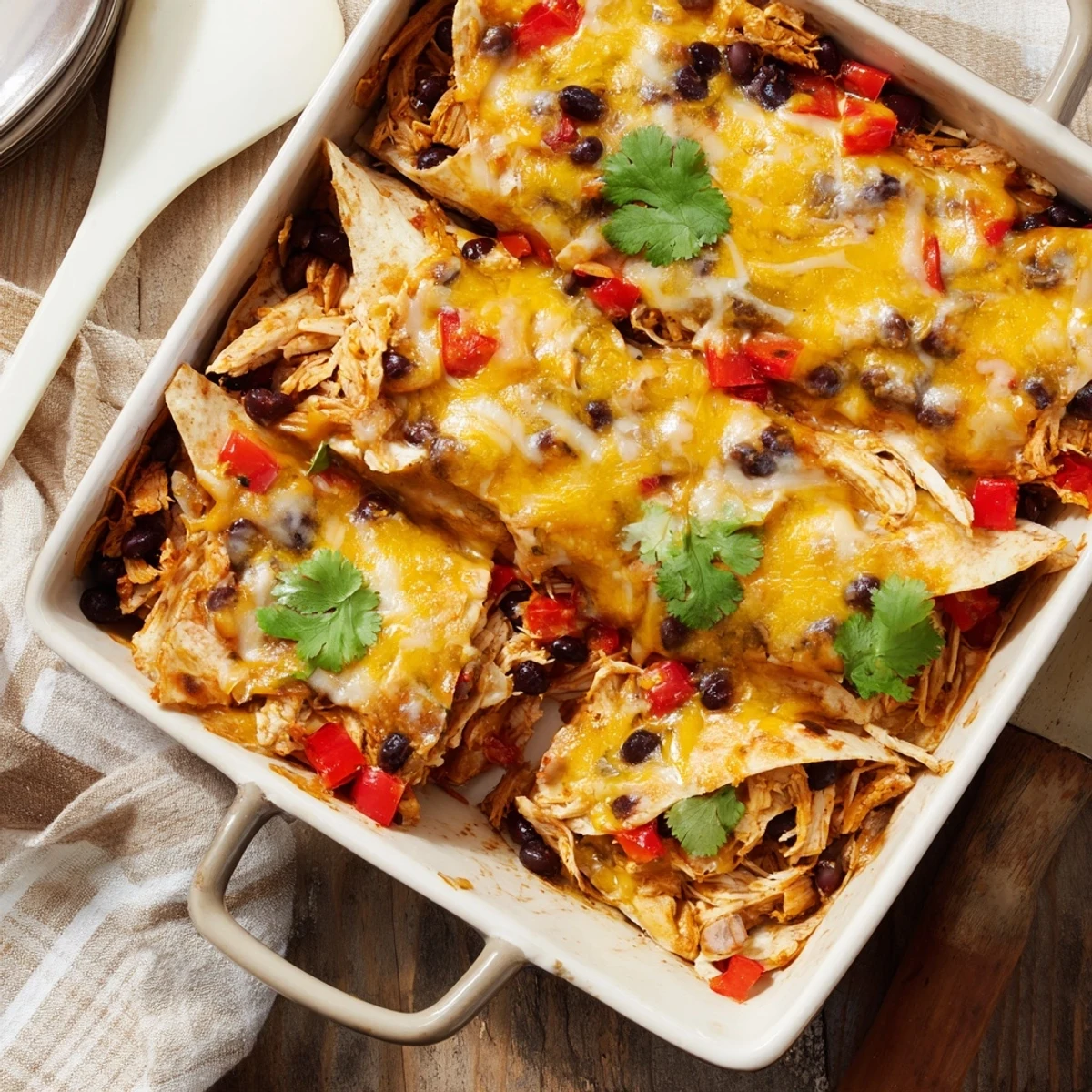 Sliced chicken taco lasagna revealing layers of beans peppers and creamy melted cheese