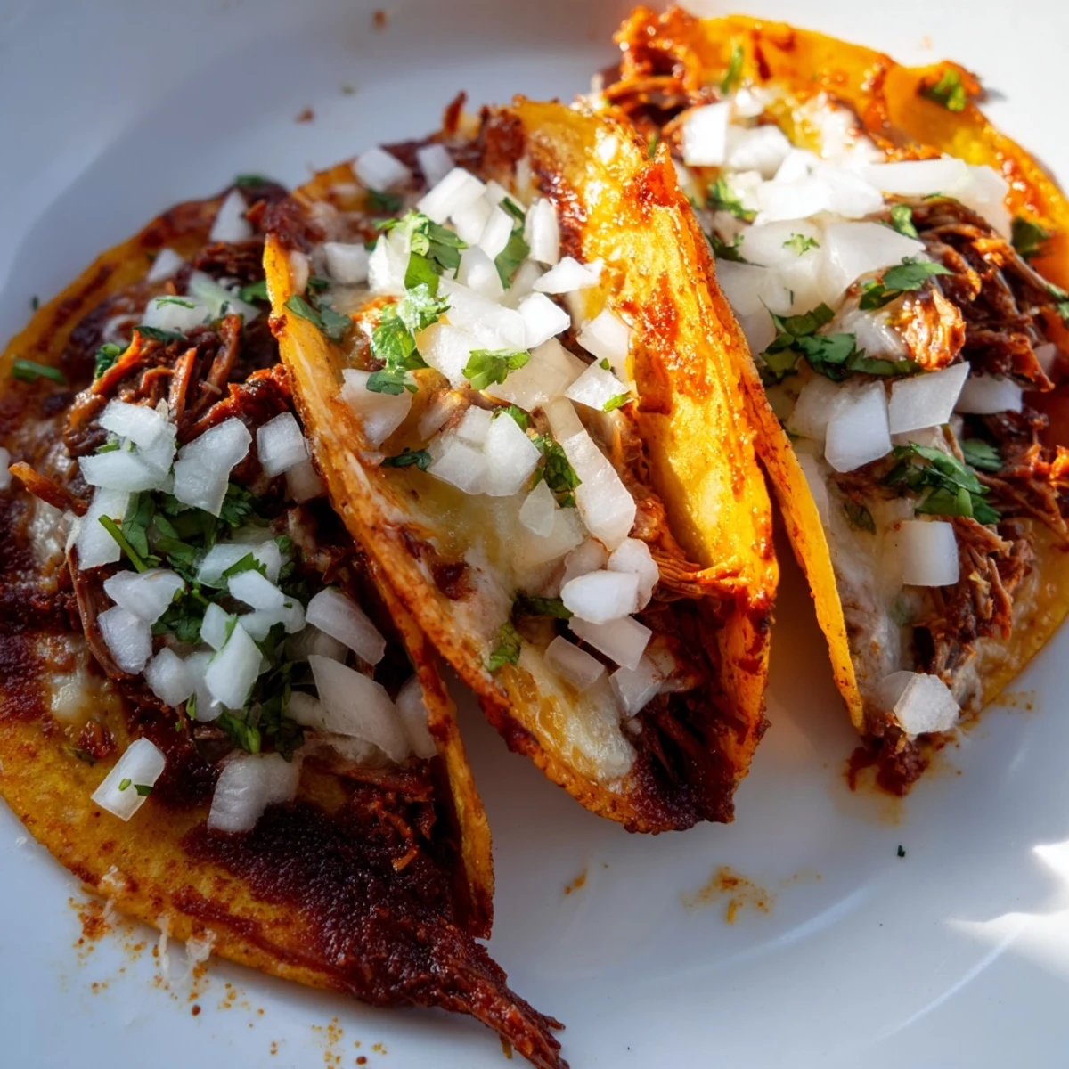 Savory Birria tacos arranged on platter with fresh cilantro, onion, and lime wedges