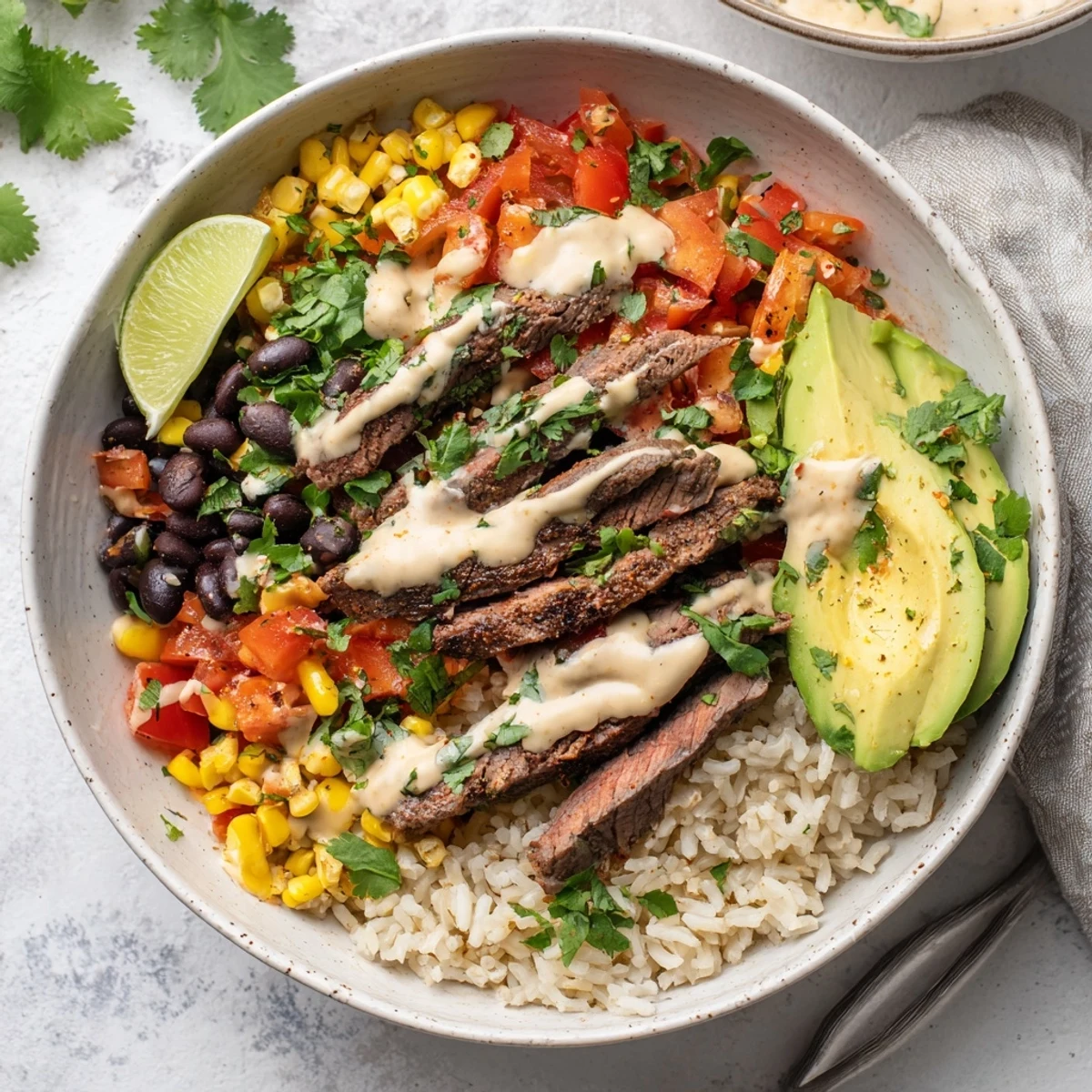 Colorful Tex-Mex steak queso rice bowl featuring tender beef slices drizzled with creamy cheese sauce