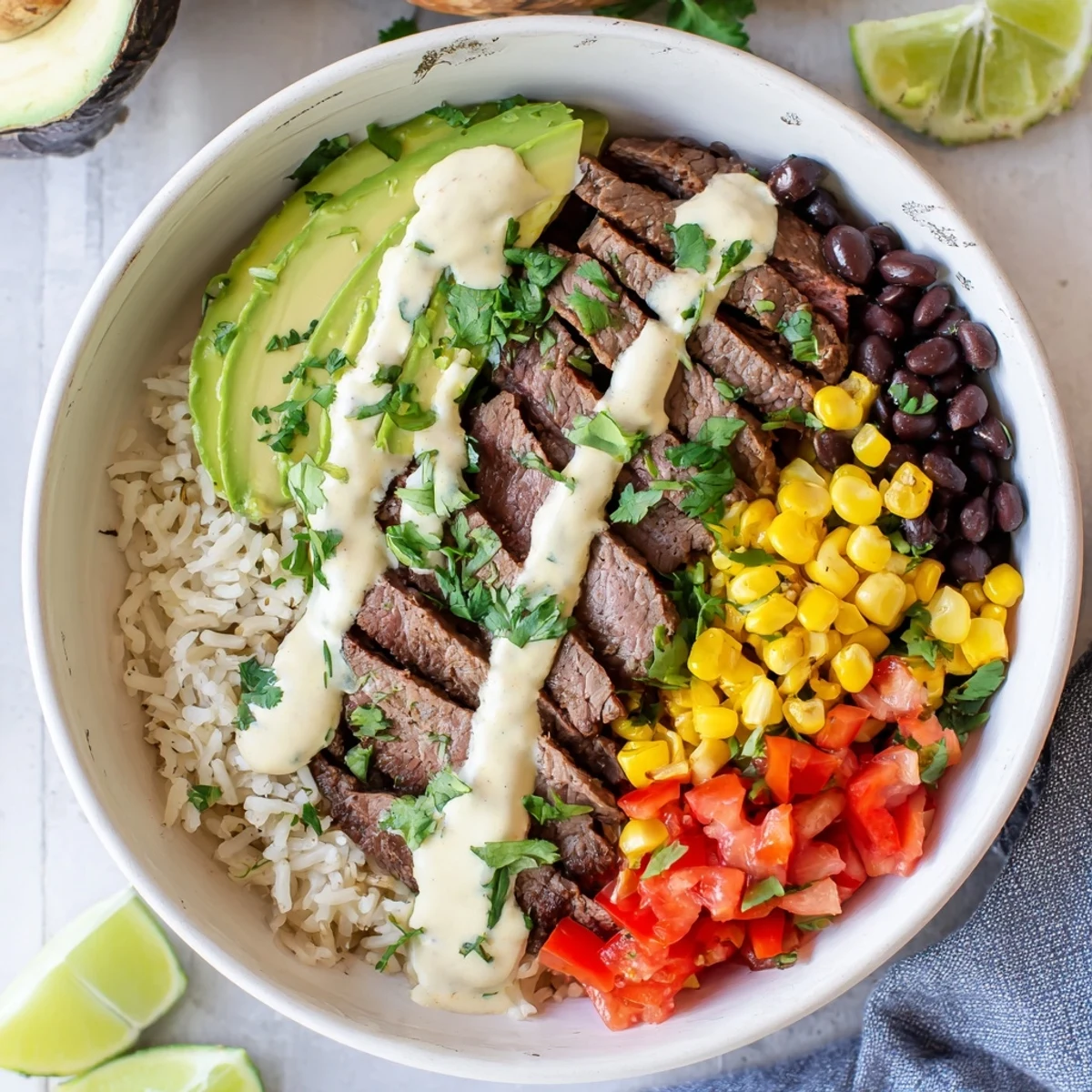Sizzling steak queso rice bowl layered with seasoned meat, melted cheddar sauce and fresh toppings