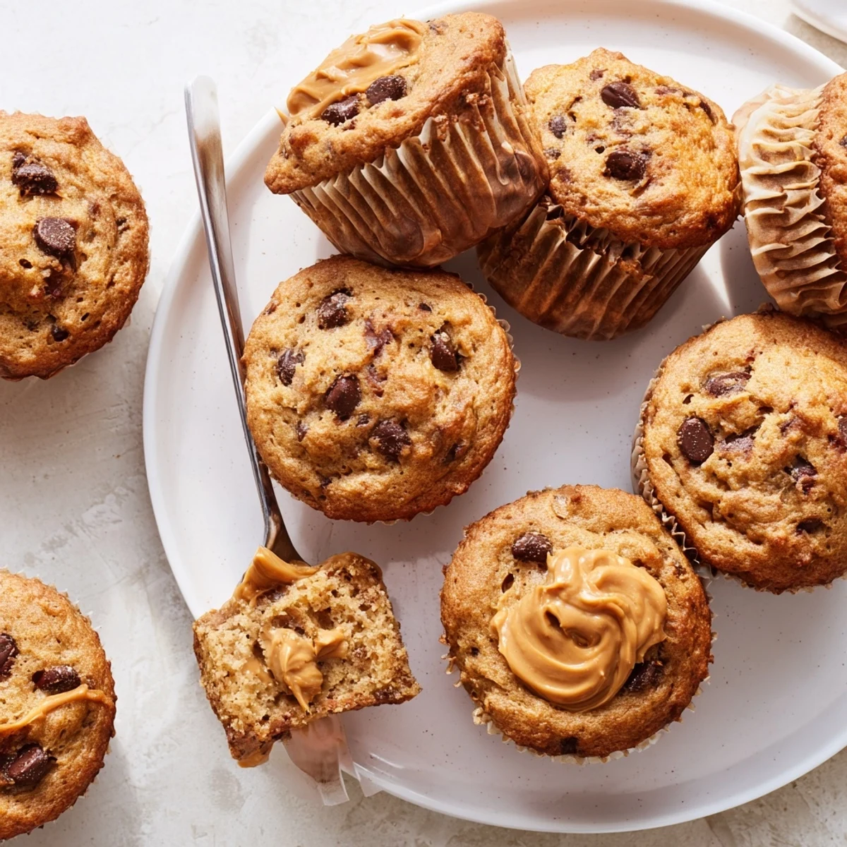 Moist peanut butter banana muffins split open revealing fluffy texture and ripe banana chunks