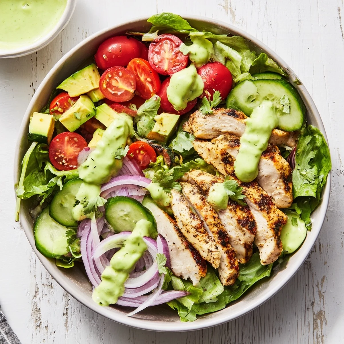 Golden grilled chicken breast slices atop a bed of creamy avocado salad bowl with fresh vegetables